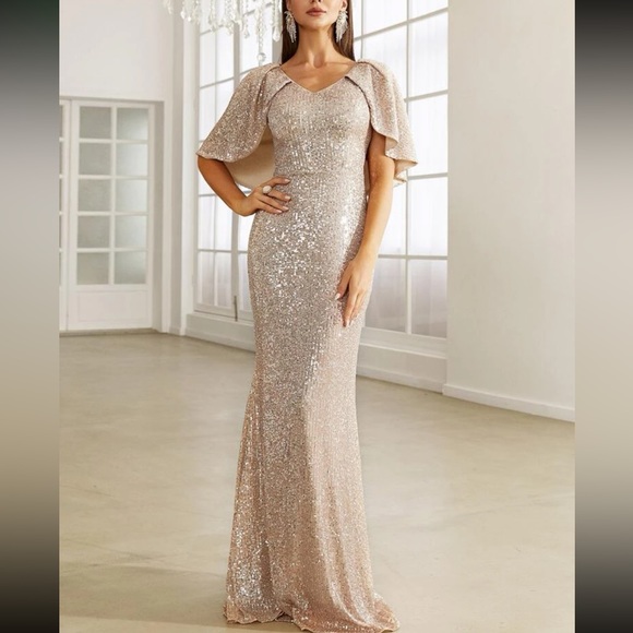 Luxe party formal cloak sleeve mermaid hem sequins gown dress champagne - Picture 8 of 8